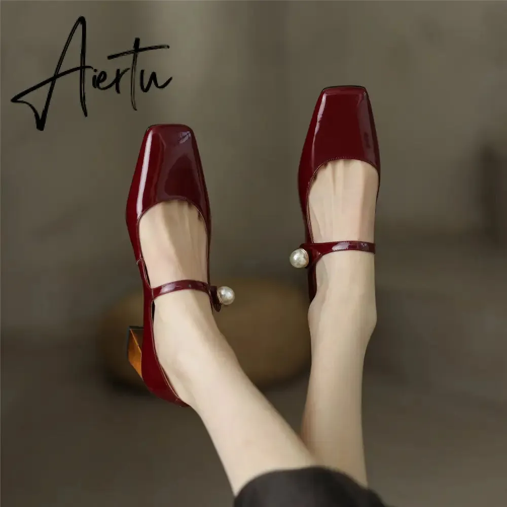 Aiertu  Mary Jane High Heels Women Sheepskin Patent Leather Pumps Pigskin Lining and Sheepskin Insole Lolita Girl Shoes Big Size 42