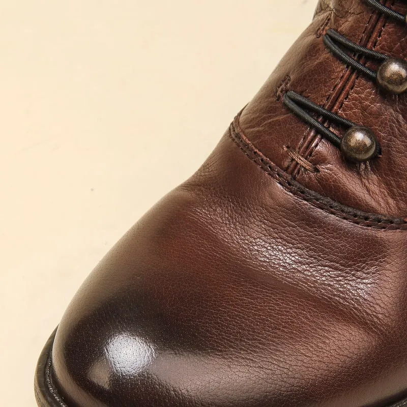 Ankle Boots Women Calfskin Round Toe Side Zip Lace-Up Retro Winter Ladies Motorcycle Shoes Handmade