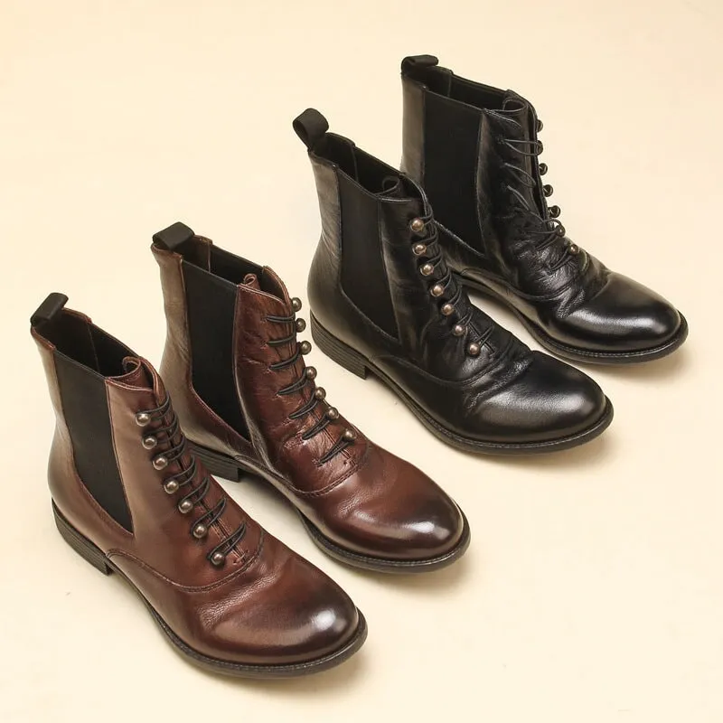 Ankle Boots Women Calfskin Round Toe Side Zip Lace-Up Retro Winter Ladies Motorcycle Shoes Handmade