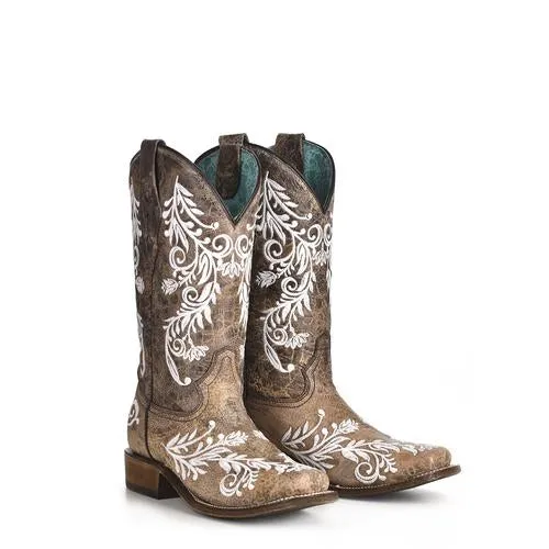 Corral Boots Ladies Brown/White Embroidery Glow in the Dark