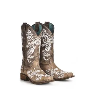 Corral Boots Ladies Brown/White Embroidery Glow in the Dark