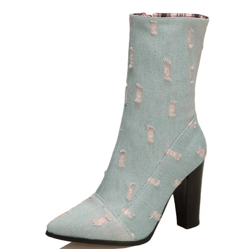 Jeans Zipper High Chunky Heel Calf Boots