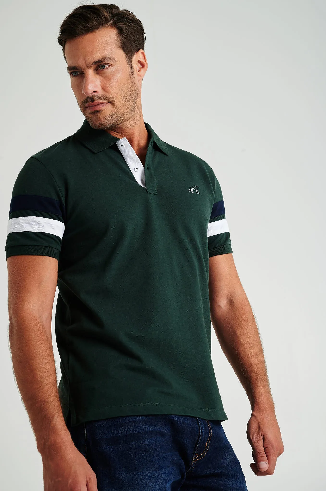 Men's organic cotton blend piquet polo with stripe inserts