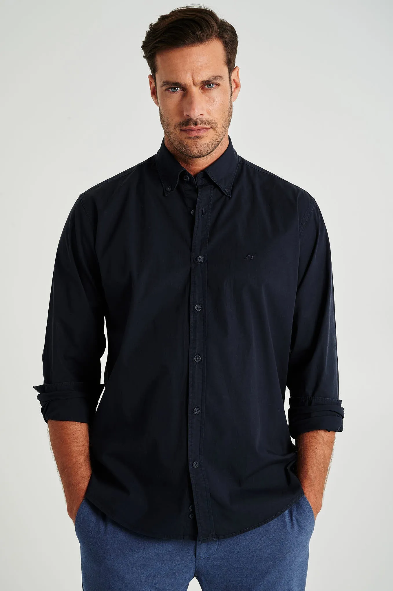 Regular fit cotton elastane comfort poplin shirt in garment dye