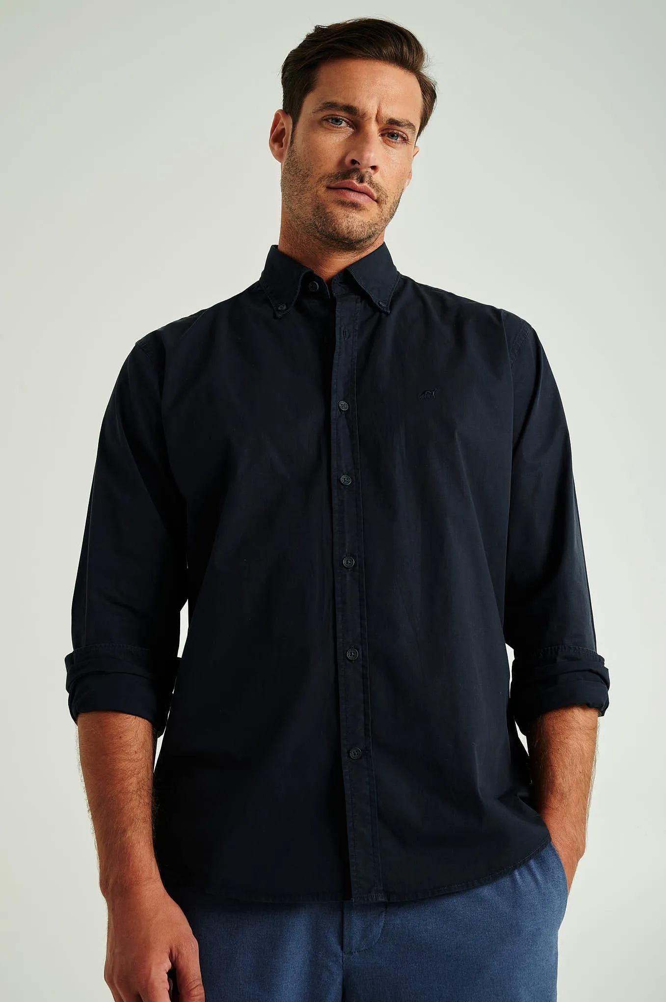 Regular fit cotton elastane comfort poplin shirt in garment dye
