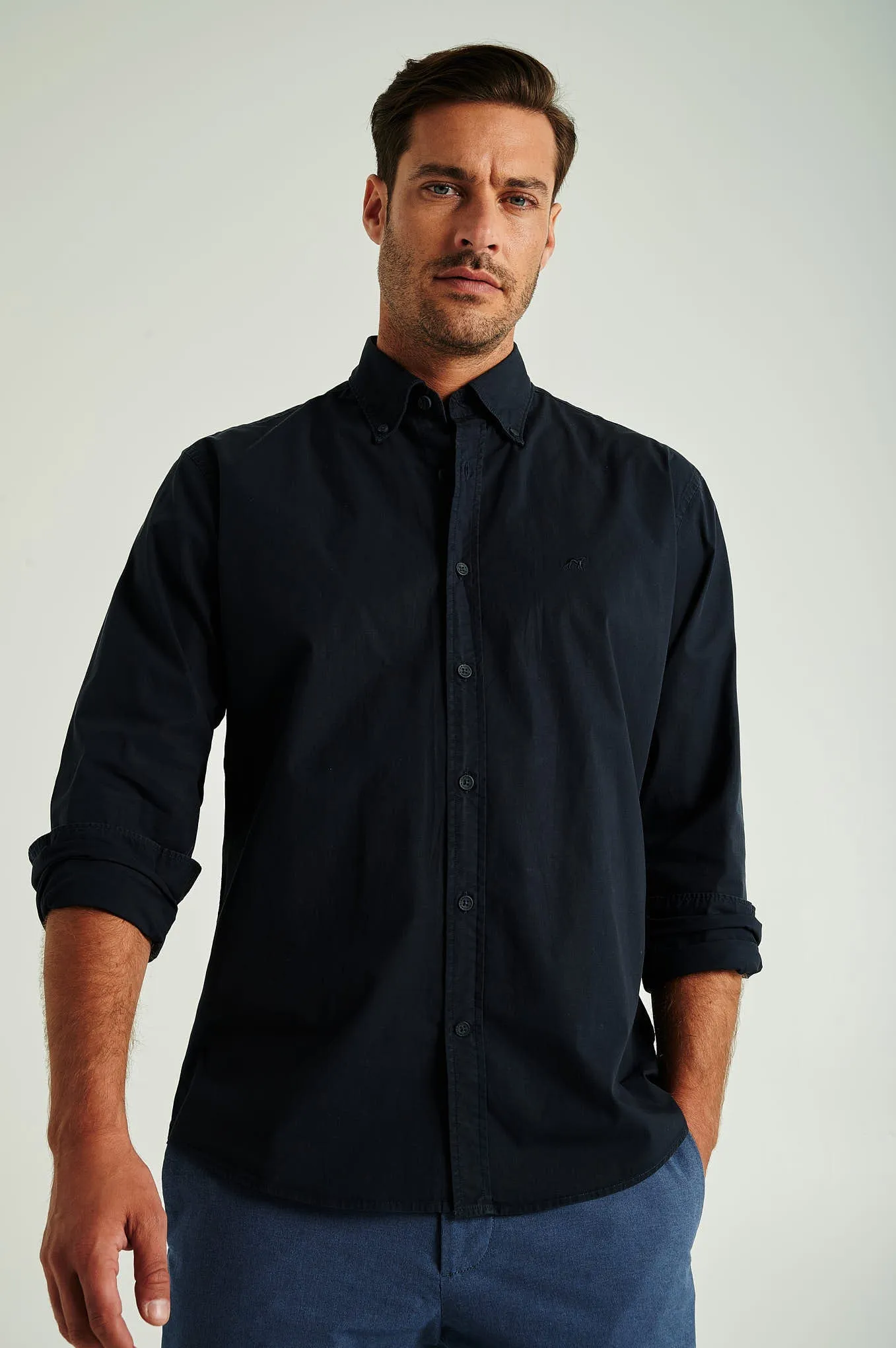 Regular fit cotton elastane comfort poplin shirt in garment dye