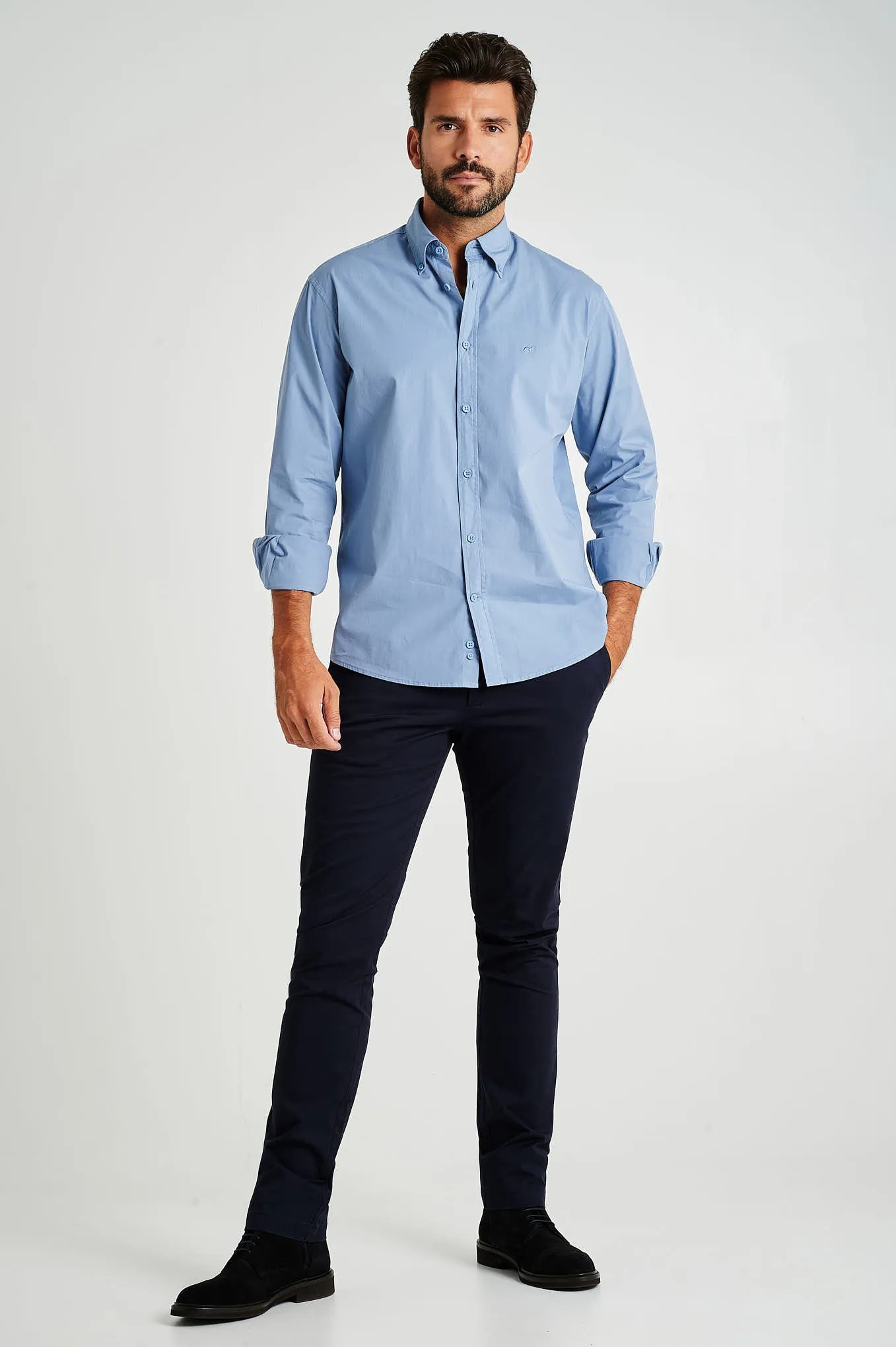 Regular fit cotton elastane comfort poplin shirt in garment dye