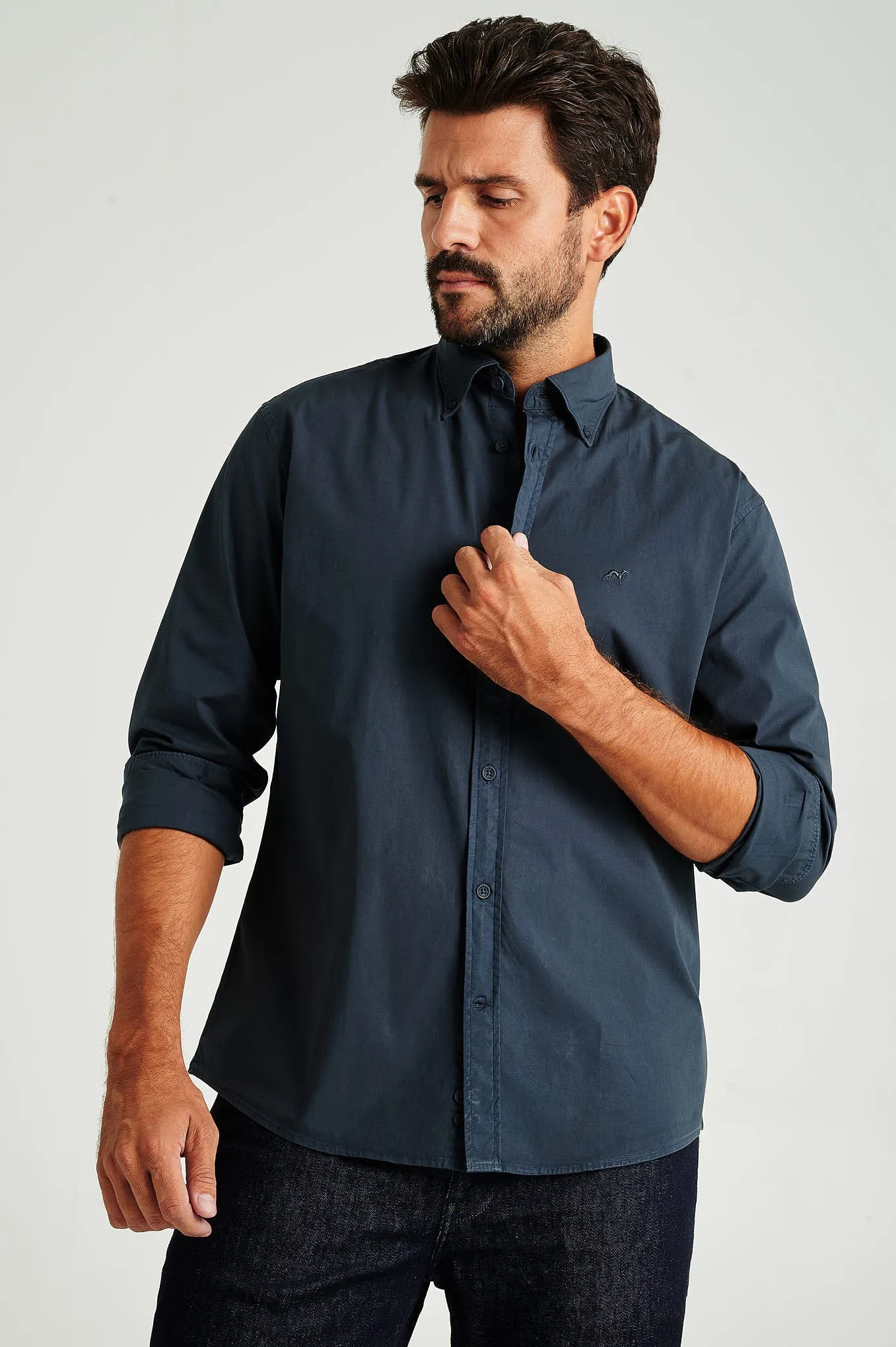 Regular fit cotton elastane comfort poplin shirt in garment dye