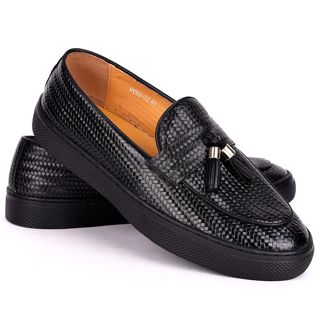 Terry Taylors Tassel Designed All Black Interwoven Leather Sneaker Shoe